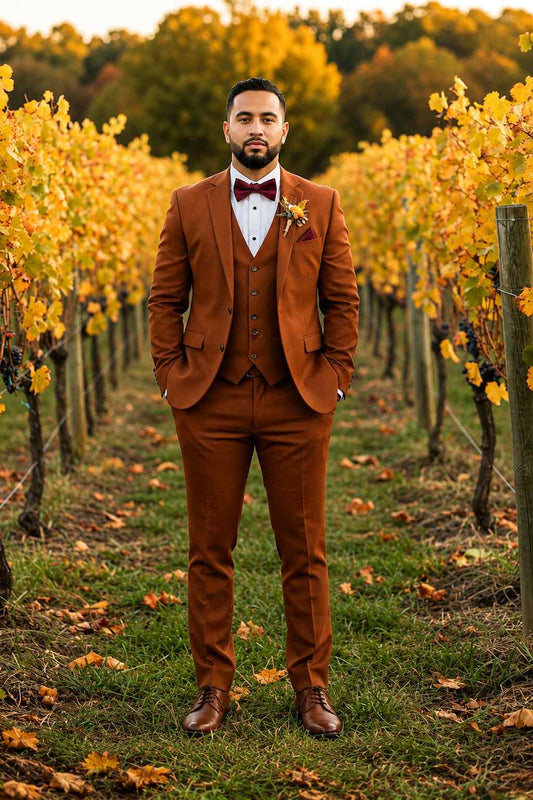 Mens Rust Orange 3-Piece Groom Wedding Suit Gift for Him