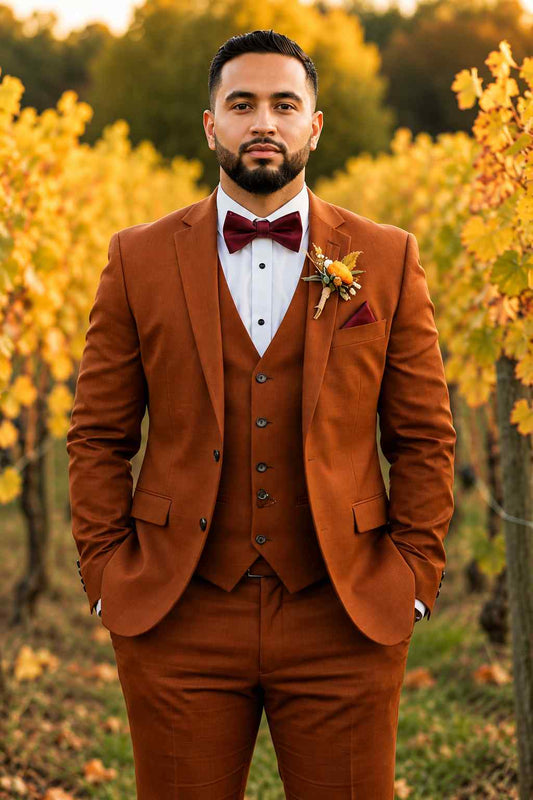 Mens Rust Orange 3-Piece Groom Wedding Suit Gift for Him