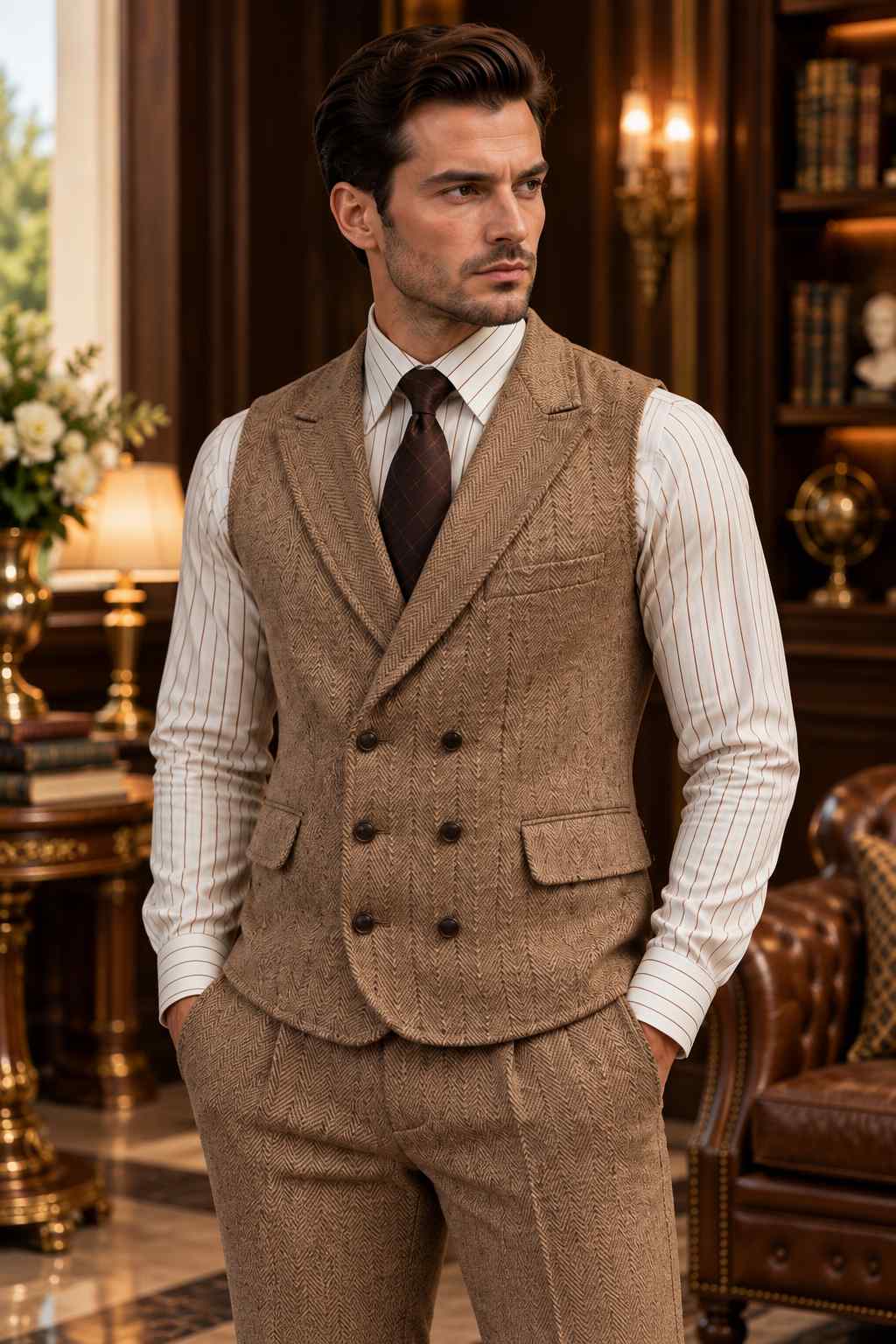 Brown herringbone tweed wool double-breasted vest with lapels, flap pockets and tailored fit