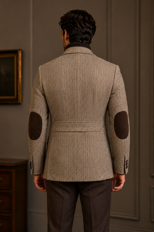 Mens Vintage Brown Herringbone Tweed Blazer