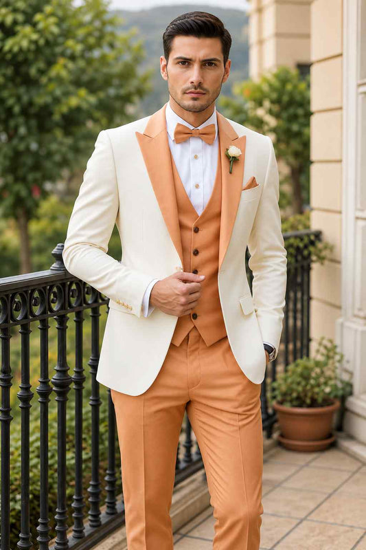 Mens Ivory Orange 3 Piece Tuxedo Suit | Wedding Groom Suit