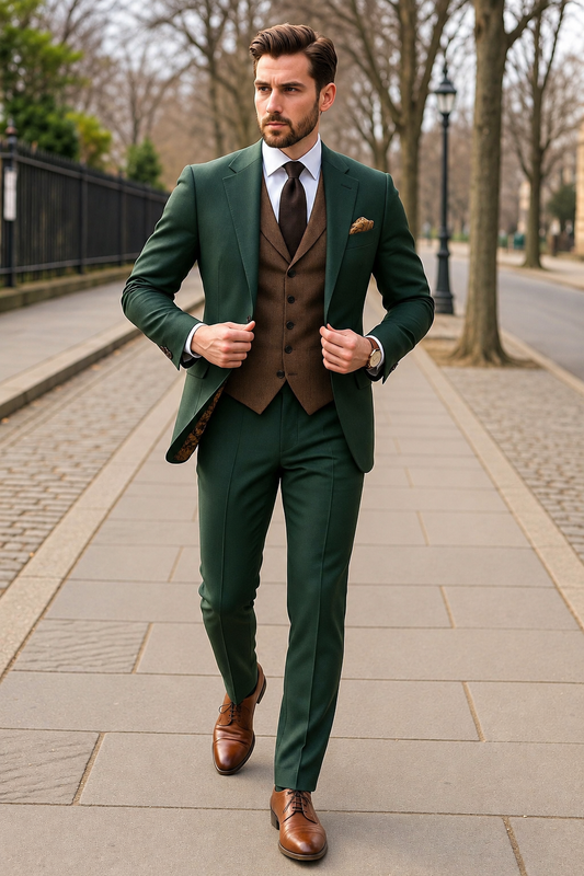 Men Green 3 Piece Suit with Brown Waistcoat – Groom Wedding Suit