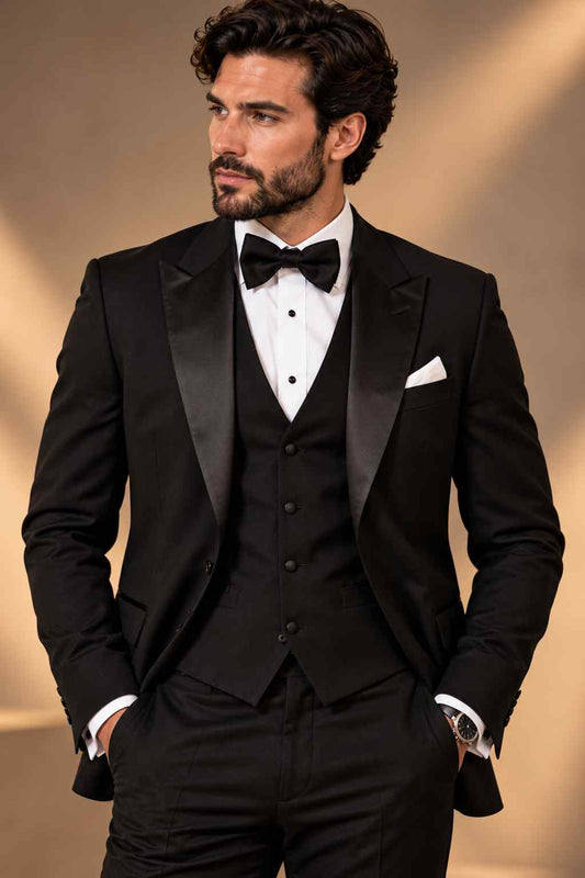 Men Black 3 Pc Tuxedo Suit, Groom Wedding Tux Suits