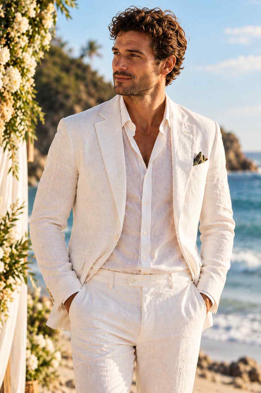 Men’s White Linen 2-Piece Suit | Boho Beach Groom Wedding Wear | Summer Linen Suit
