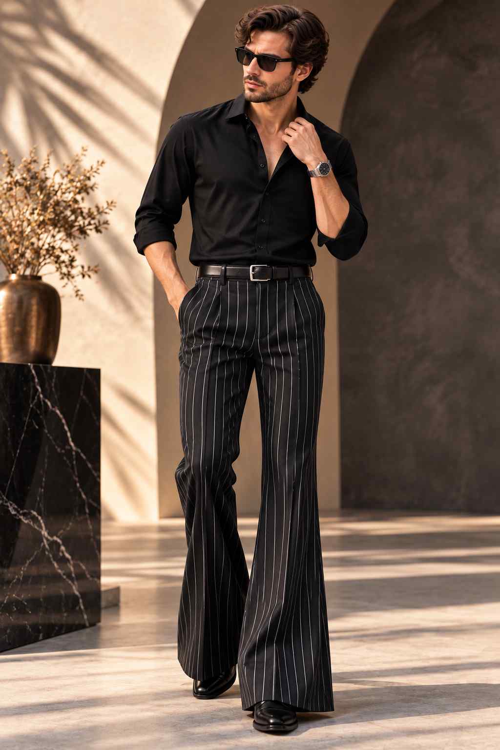 Men’s Black Pinstripe Wide Leg Trousers | White Stripe Flared Pants