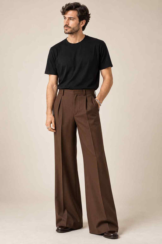Men’s Brown Wide Leg Trousers | High-Waisted Pleated Pants