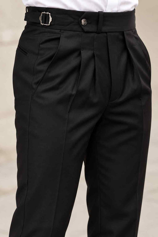 Men’s Black Gurkha Trousers | High-Waisted Pleated Pants with Adjustable Waistband