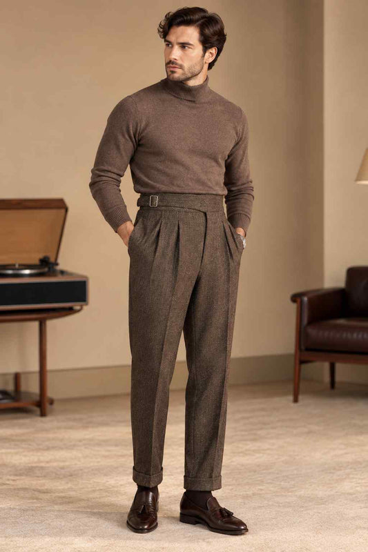 Men’s Brown Herringbone Tweed Gurkha Trousers | High-Waisted Pleated Vintage Pants