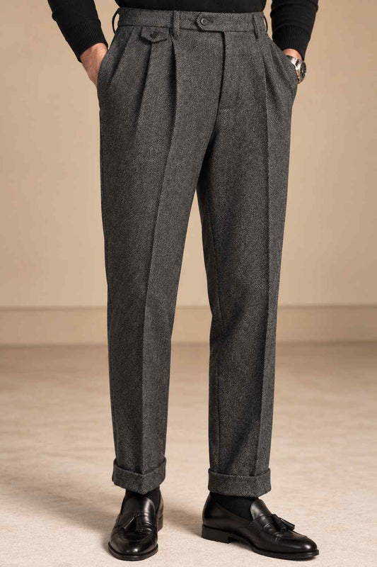 Men’s Grey Herringbone Tweed Gurkha Trousers | High-Waisted Pleated Vintage Pants