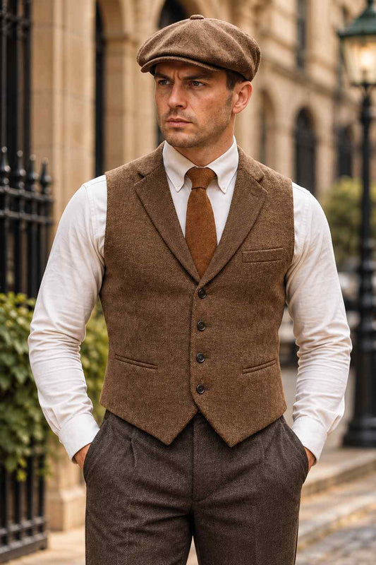 Brown Herringbone Tweed Wool Vest | Vintage Groomsmen & Formal Wear Waistcoat