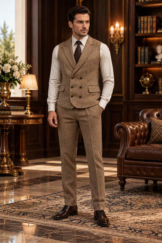 Brown Herringbone Tweed Vest | Double Breasted Groomsmen & Vintage Formal Wear