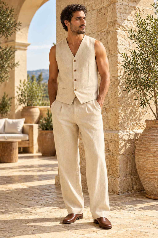 Men’s Beige Linen Vest | Boho Beach Wedding Waistcoat | Summer Groom Style