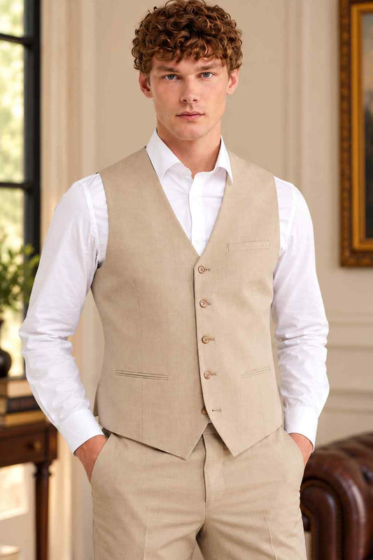 Men’s Beige Tailored Vest | Classic V-Neck Waistcoat for Wedding & Formal Wear