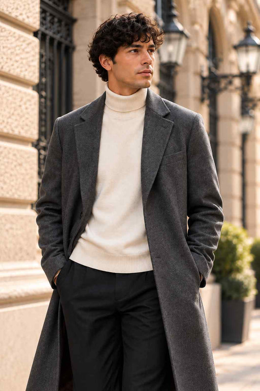 Men’s Grey Tweed Long Coat | Classic Wool Overcoat for Vintage Wear
