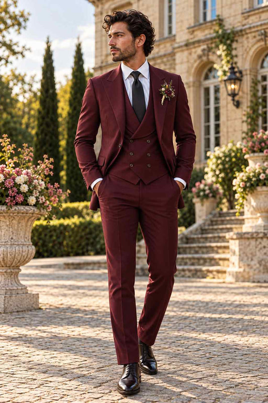 Men’s Burgundy 3-Piece Suit with Double-Breasted Vest for Weddings