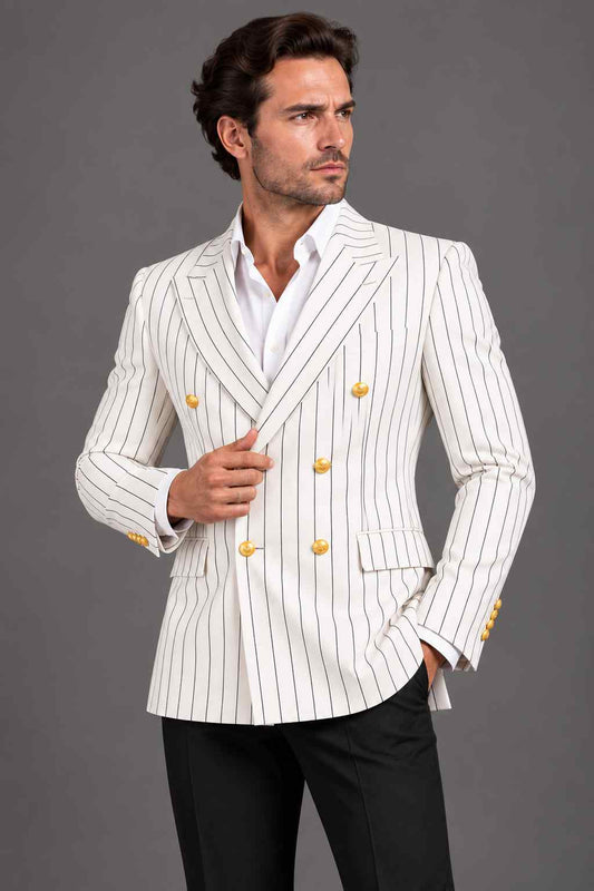 Men’s White Pinstripe Double-Breasted 2-Piece Suit with Black Trousers