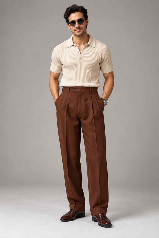 Men’s Brown High Waisted Pleated Trousers, Tailored Wide Leg Pants with Cuffs