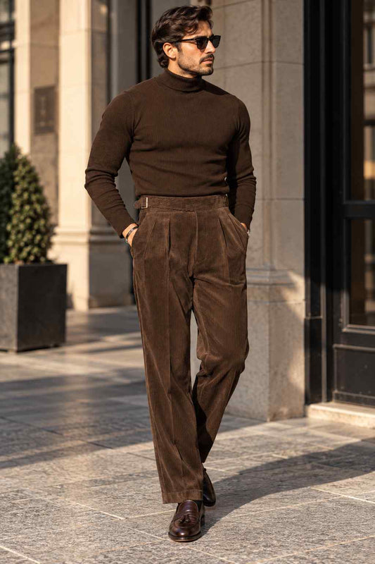 Men's Brown Corduroy Gurkha Trousers, High-Waisted Double Pleated Wide Leg Pants