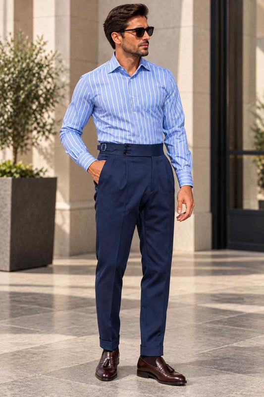 Men's Navy Blue Gurkha Trousers, High Waisted Double Pleated Pants with Cuffs