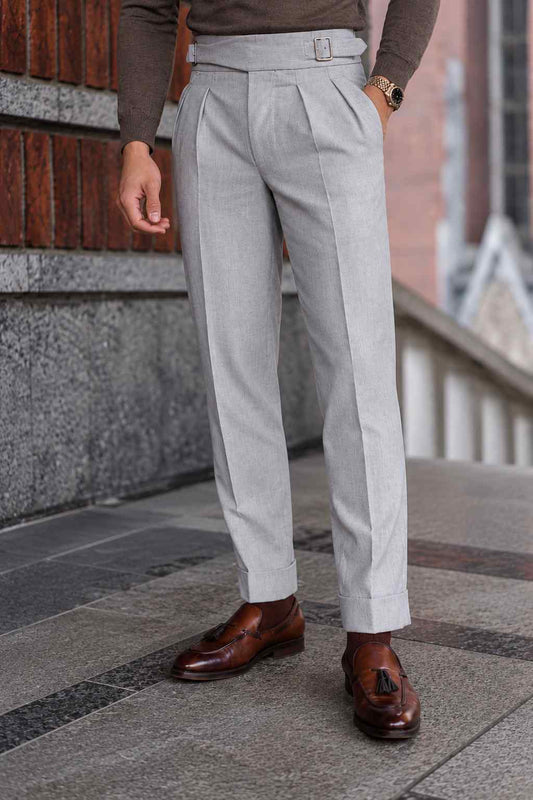 Men's Grey Gurkha Trousers | High-Waisted Pleated Pants with Side Buckle Adjusters