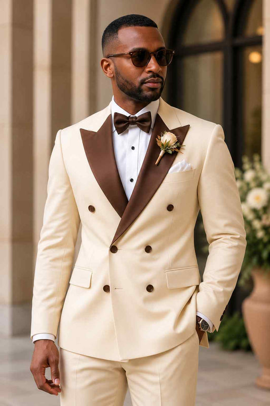 Men's Cream 2-Piece Suit with Brown Lapel, Double-Breasted Groom Wedding Tuxedo