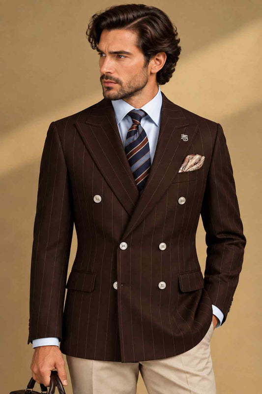 Men's Brown Pinstripe Blazer – Double-Breasted, Peak Lapel