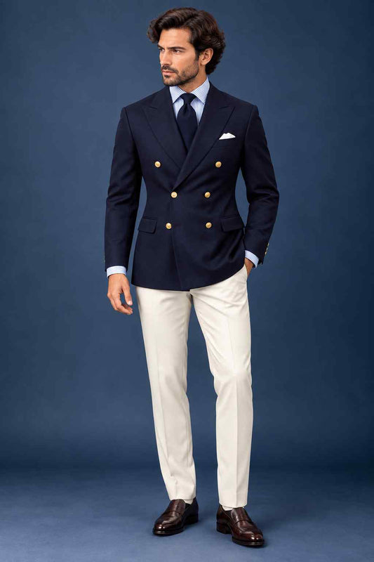 Men's Navy Double-Breasted Blazer, Golden 6 Buttons Jacket