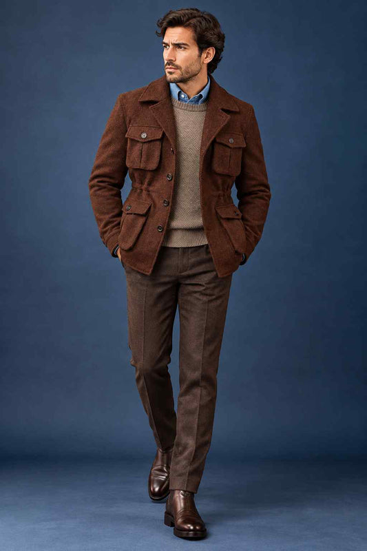Men’s Brown Tweed Blazer – Vintage British Style, Casual Formal Jacket