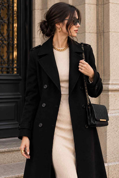 Women’s Black Tweed Long Coat – Classic Double-Breasted Winter Overcoat