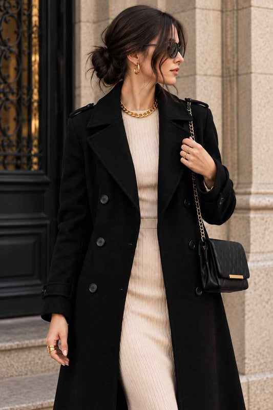 Women’s Black Tweed Long Coat – Classic Double-Breasted Winter Overcoat
