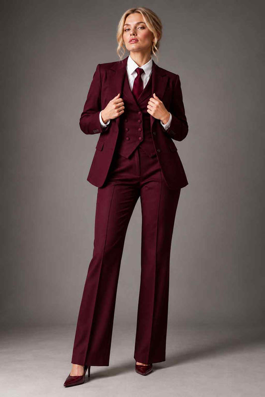 Women’s Burgundy 3-Piece Suit | Peak Lapel Blazer, Waistcoat & Trousers