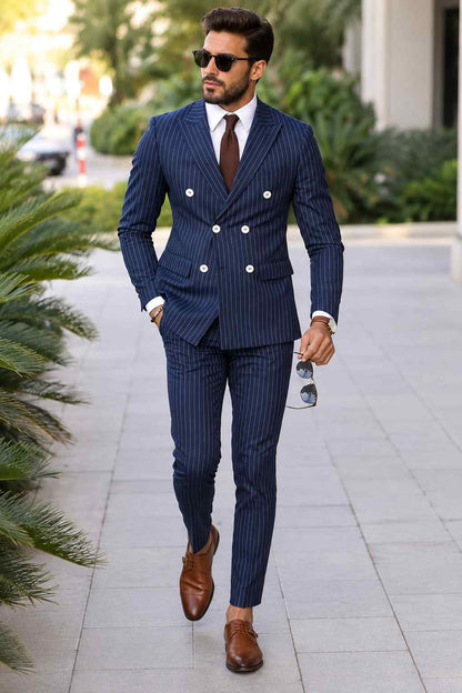 Men’s Navy Blue Pinstripe 2-Piece Suit – Double-Breasted Formal Suit