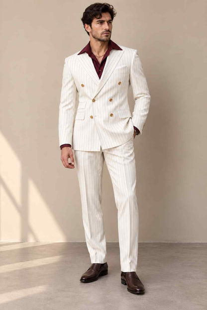 Men Cream Pinstripe 2-Piece Suit – Double-Breasted Wedding & Formal Suit