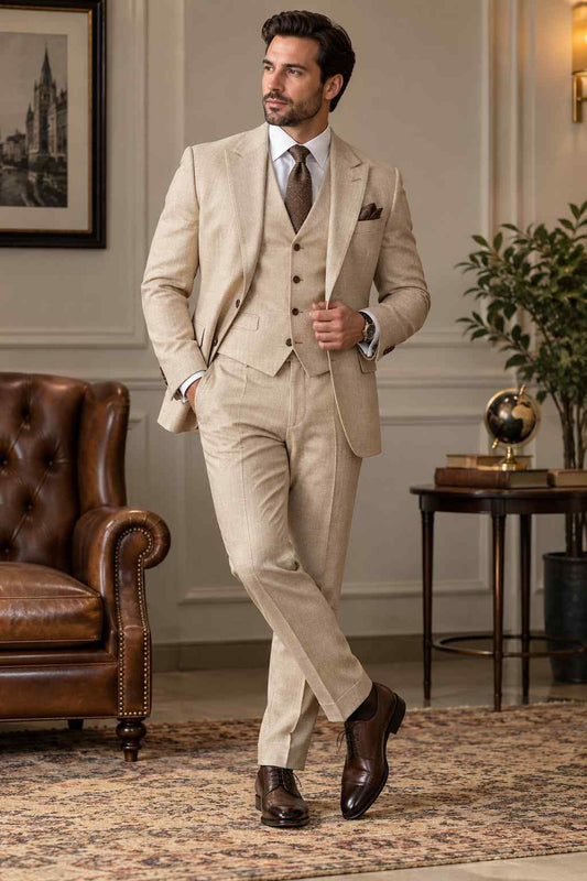 Men’s Beige Linen 3 pc Suit – Peak Lapel, Tailored Fit, Wedding & Formal Wear