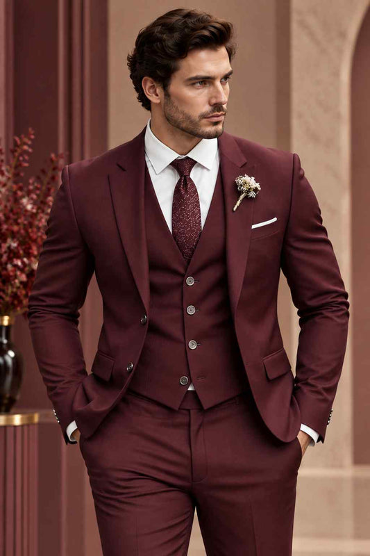 Mens Burgundy 3 Piece Suit | Wine Wedding Tuxedo | Custom Tailored Groom Suit
