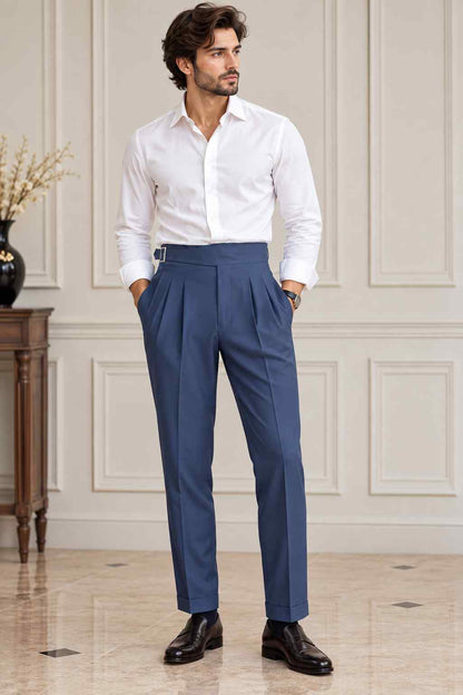 Men's Navy Blue Gurkha Pants, High-Waisted Pleated Trousers with Side Adjusters