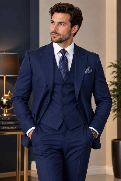 Men’s Navy Blue 3-Piece Suit – Groom Wedding Clothes Prom Suits