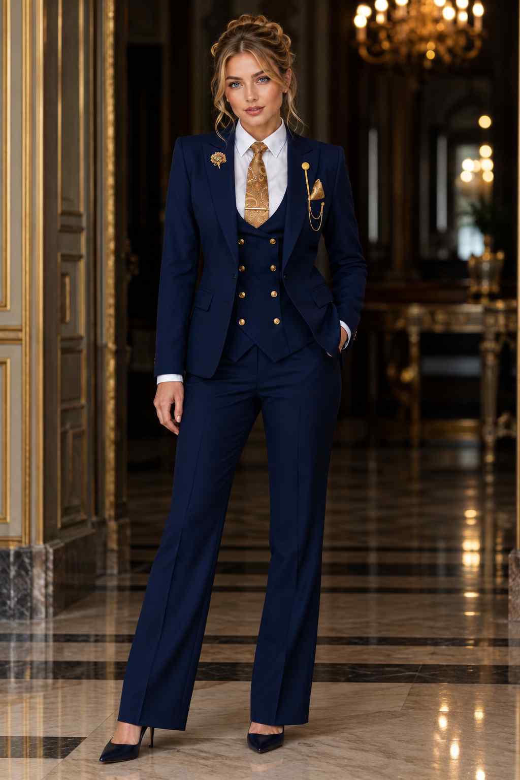 Women’s Navy Blue 3-Piece Suit | Tailored Fit, Gold Button Formal & Business Wear