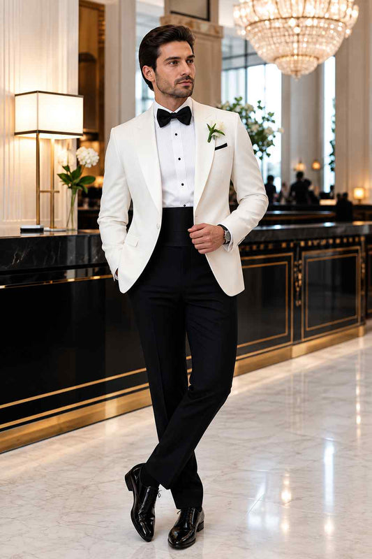Men’s White Dinner Jacket & Black 2-Piece Tuxedo Suit | Wedding Formal Wear