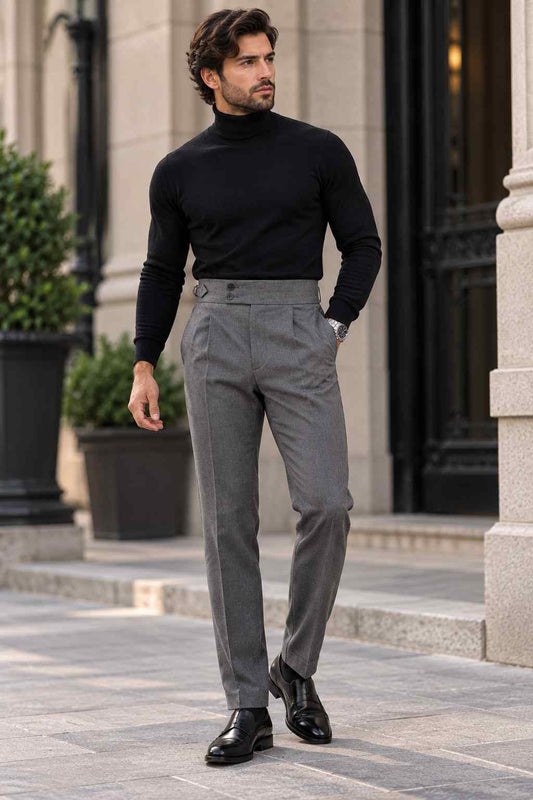 Men’s Grey Pleated Dress Pants, High Waist Tailored Trousers with Side Adjusters