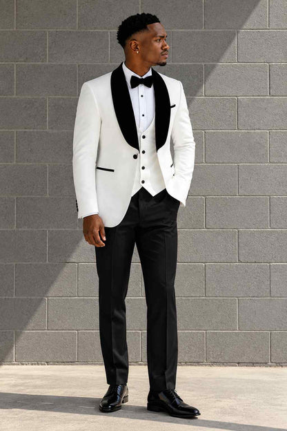 Men’s White Tuxedo Suit | Black Shawl Lapel 3-Piece Wedding & Formal Suit