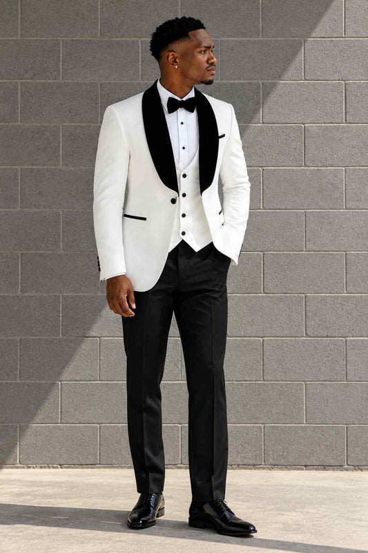 Men’s White Tuxedo Suit | Black Shawl Lapel 3-Piece Wedding & Formal Suit