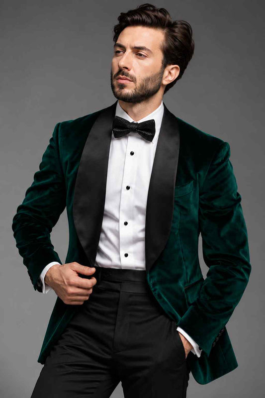 Men’s Emerald Green Velvet 2-Piece Tuxedo | Black Shawl Lapel Formal Suit