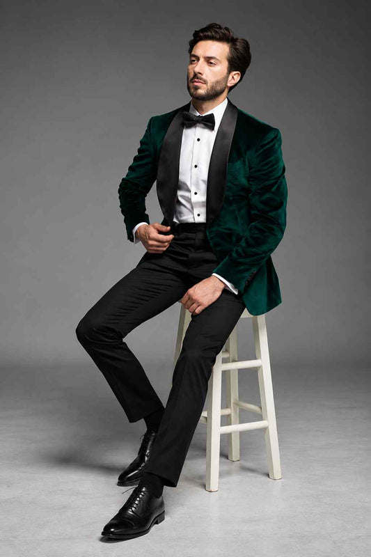 Men’s Emerald Green Velvet 2-Piece Tuxedo | Black Shawl Lapel Formal Suit