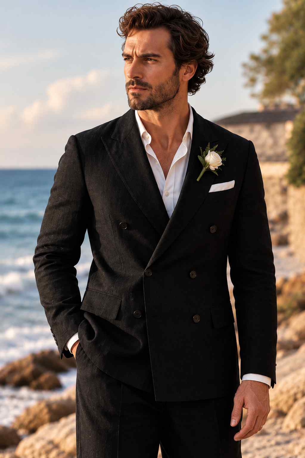 Man wearing a black double-breasted 2-piece suit with wide lapels, white shirt, white pocket square, and rose boutonniere.