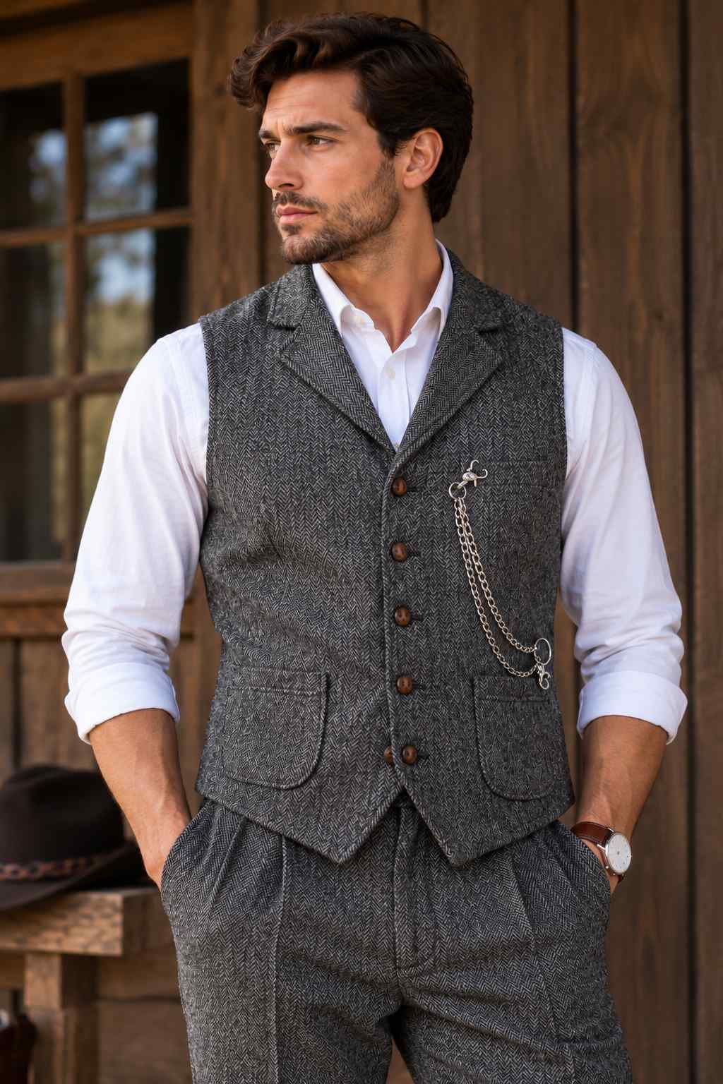 Man wearing a grey herringbone tweed waistcoat with matching trousers, a white shirt, brown buttons, and a decorative pocket chain against a rustic wooden background.