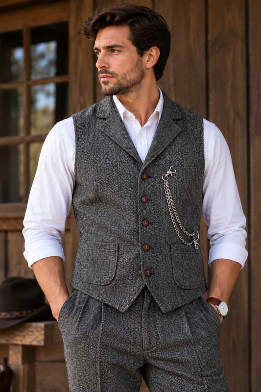 Man wearing a grey herringbone tweed waistcoat with matching trousers, a white shirt, brown buttons, and a decorative pocket chain against a rustic wooden background.