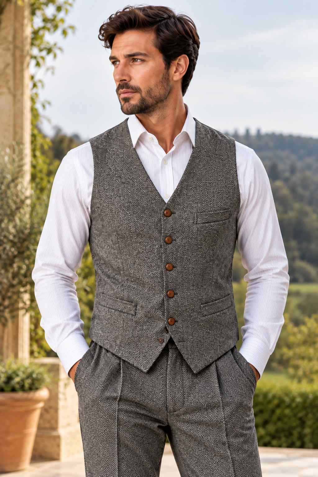 Man wearing a grey herringbone tweed waistcoat with brown buttons and front pockets over a white dress shirt, styled with matching patterned trousers.