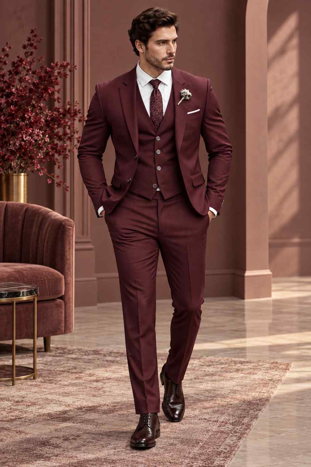 Men’s burgundy 3 piece suit with matching waistcoat, trousers, white shirt and tie