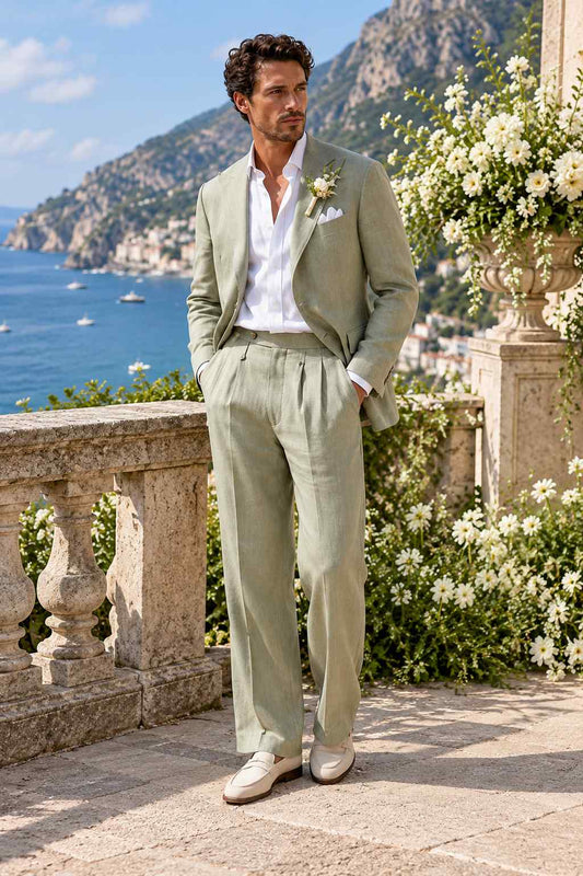 Men Green Linen 2PC Suit | Boho Beach Groom Wedding Wear